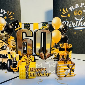 60º Feliz Aniversário Dourado com Presentes Bolos e Balões Cartão Pop Up Feito à Mão com Amor Compre Online https://origamipopcards.com/