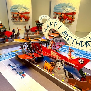Happy Birthday Antique Flugzeug & Hunde - Pelzige Gefährten 3D Pop Up Grußkarte Origami Pop Cards Shop Online https://origamipopkarten.de/