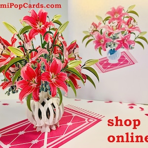 Cartão pop-up com lírios orientais rosa exuberantes em um vaso - Criado por Origami Pop Cards Cartões pop-up 3D - OrigamiPopCards.com Dia das Mães Aniversário