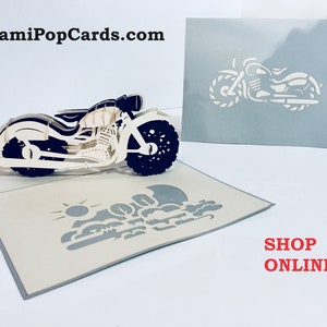 Cartão de moto clássico cinza prateado e preto criado pela Origami Pop Cards Sydney Cartões pop-up de papel 3D - OrigamiPopCards.com Feito à mão com amor
