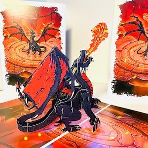 Carte de voeux pop-up 3D avec dragon cracheur de feu NOIR Joyeux anniversaire Cartes pop origami amour fait main à acheter en ligne https://origamipopcards.com/