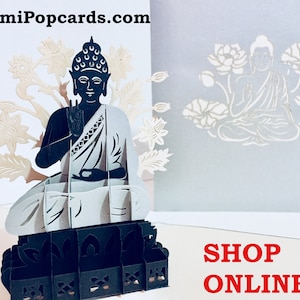 Cartão de felicitações pop-up 3D com estampa de Buda e ioga cinza prateado - Criado por Origami Pop Cards 3D Austrália Sydney - OrigamiPopCards.com Feito à mão com amor