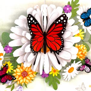 Borboletas atraindo flores de margarida Feliz aniversário 3D Pop Up Card Cartões de origami de amor feitos à mão Compre online https://origamipopcards.com/