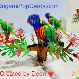 Papagaio-arco-íris, pássaro australiano com flores de nogueira - Cartões pop-up de origami, cartão de felicitações pop-up 3D, feliz aniversário, feito à mão com amor