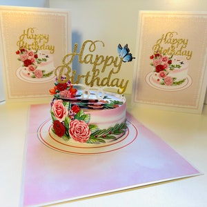 Bolo de Feliz Aniversário com Borboletas Azuis, Cartões Pop-up de Origami Feitos à Mão, Cartões de Saudações Pop-up 3D, Compre Online https://origamipopcards.com/