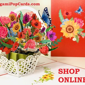 Cesta de flores coloridas de primavera VERMELHA 3D - Cartão pop-up de felicitações Feliz aniversário Feito à mão Amor Obrigado Compre online https://origamipopcards.com/