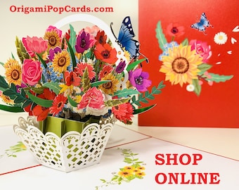 RED Spring Colourful Flower Basket 3D - Pop Up Greeting Card Happy Birthday Handmade Love Thank You Shop Online https://origamipopcards.com/