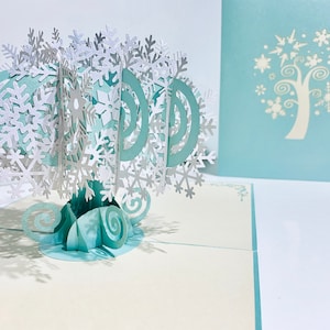 Árvore de floco de neve deslumbrante em branco e turquesa - Cartão pop-up