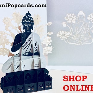 Cartão de Buda para ioga cinza prateado - Criado por Origami Pop Cards Sydney Austrália Cartões pop-up de papel 3D - OrigamiPopCards.com Feito à mão com amor
