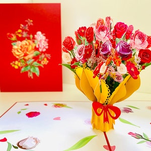Buquê de rosas cor de rosa, cartão de felicitações pop-up 3D, feliz aniversário, amor, feito à mão com amor, compre online https://origamipopcards.com/