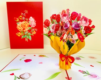 Sweetheart Pink Rose Flower Bouquet 3D Pop Up Greeting Card Happy Birthday Love Handmade with Love Shop Online https://origamipopcards.com/
