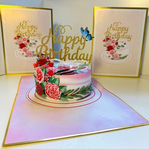 Gâteau de joyeux anniversaire OR LUXE avec des papillons bleus, des cartes pop en origami, une carte de voeux pop-up 3D à acheter en ligne https://origamipopcards.com/