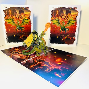 Cartão de felicitações pop-up 3D dragão cuspidor de fogo verde, feliz aniversário, cartões de origami pop feitos à mão, compre online https://origamipopcards.com/