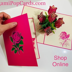 Cartão com buquê de rosas rosa-choque - Criado por Origami Pop Cards - Cartões pop-up de papel mágicos 3D - Sydney, Austrália. OrigamiPopCards.com