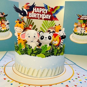 Happy Birthday Cake Safari Baby Jungle Party Handgemaakte origami popkaarten 3D pop-up wenskaart online winkelen https://origamipopcards.com/