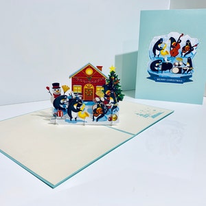 Boneco de neve e pinguim balançando ao redor da árvore de Natal ~ Criado por Origami Pop Up Card 3D com amor
