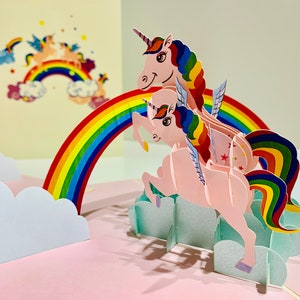 Roze moeder en baby eenhoornkaart - gemaakt door origami pop-kaarten - 3D magische papieren pop-upkaarten - Sydney, Australië. OrigamiPopCards.com