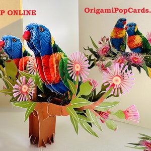 Papagaio de lorikeet arco-íris duplo, pássaro australiano, goma nativa, cartões de origami pop-up 3D, cartão de feliz aniversário, loja https://origamipopcards.com/