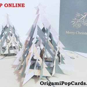 Árvore de Natal grande metálica em branco e cinza prateado, cartão comemorativo pop-up 3D - Criado por OrigamiPopCards.com Feito à mão com amor.