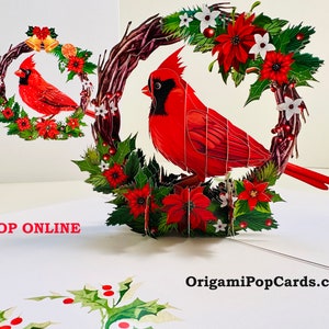 Boas Festas Pássaro Vermelho Cardeal com Coroa de Flores Vermelhas Poinsétia 3D Cartão Pop-up Loja https://origamipopcards.com/ Feliz Natal