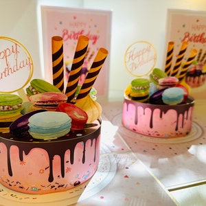 Happy Birthday Cake with Colourful Macarons Handmade Origami Pop Cards 3D Pop Up Greeting Card Shop Online https://origamipopcards.com/