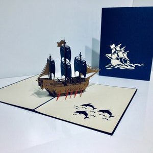Cartão de navio viking azul royal - Criado por Origami Pop Cards Sydney Austrália Cartões pop-up de papel 3D - OrigamiPopCards.com Feito à mão com amor