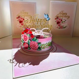 Tort na rocznicę z niebieskimi motylami, ręcznie robiony przez Origami Pop Cards, 3D Pop Up, kartka z życzeniami, sklep internetowy https://origamipopcards.com/