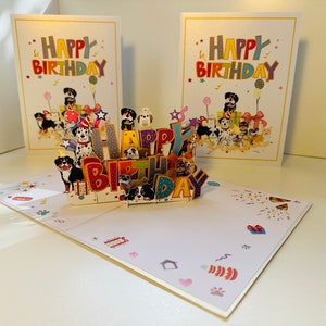 Happy Birthday Doggie Party avec des cadeaux Cartes pop en origami faites main Carte de voeux 3D Pop Up Love Shop en ligne https://origamipopcards.com/