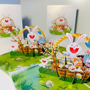 Cartão de felicitações pop-up 3D com cesta de coelho, ovo de coelho e flores da primavera, cartões de origami pop-up - COMPRE ONLINE https://origamipopcards.com/
