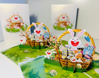 Happy Easter Bunny Basket Rabbit Egg Spring Flowers 3D Pop up Greeting ...