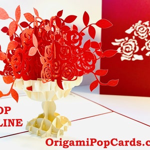 Rote Rose 3D Pop Up Karte - Erstellt von OrigamiPop Cards, - 3D Papier Pop Up Karten - OrigamiPopCards.com Hand Made with Love