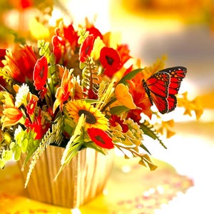 Flores de OUTONO em balde com borboletas Cartão de felicitações 3D feito à mão Cartões de origami pop de feliz aniversário Compre online https://origamipopcards.com/