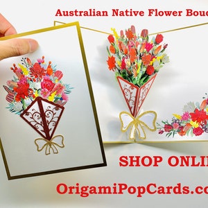 Luxury Australian Native Bouquet of Flowers Embossed in Gold 3D Pop Up Greeting Card Happy Birthday Handmade https://origamipopcards.com/