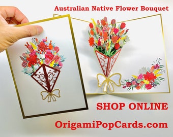 Luxury Australian Native Bouquet of Flowers Embossed in Gold 3D Pop Up Greeting Card Happy Birthday Handmade https://origamipopcards.com/