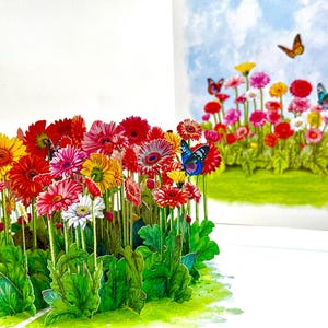 May include: A pop-up greeting card featuring a vibrant garden scene with colorful gerbera daisies in shades of red, yellow, pink, and white. Butterflies flutter above the flowers against a blue sky background. Green leaves and grass complete the design.