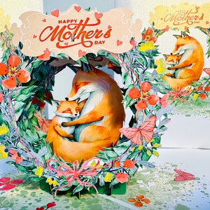 Happy Mother's Day Sweet Mum & Baby Fuchs im Blumenkranz Handmade with Love 3D Pop Up Grußkarte Shop Online https://origamipopcards.com/