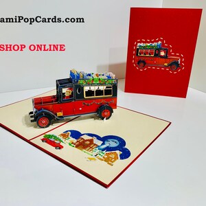 Frohe Weihnachten Nikolaus Fahren in Seinem Vintage Roten LKW 3D Pop Up Grußkarte Frohes Fest - OrigamiPopCards.com Hand Made with Love