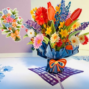 Buquê de flores de margaridas mistas, rosa e roxo, primavera, feliz aniversário, feito à mão - cartão de felicitações pop-up 3D, compre online https://origamipopcards.com/