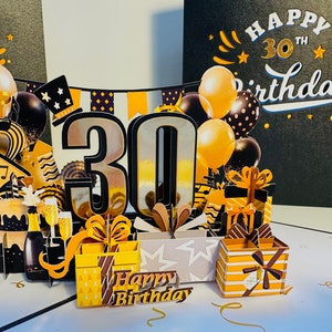 30º Feliz Aniversário Dourado com Presentes Bolos e Balões Cartão Pop Up Feito à Mão com Amor Compre Online https://origamipopcards.com/