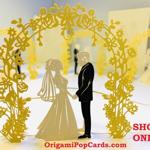 Cartão de felicitações pop-up feito à mão, arco de rosas, clássico, marfim metálico, feliz casamento, origami pop cards, compre online https://origamipopcards.com/