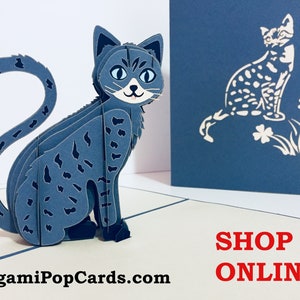 Carte Chat en gris argenté - Créée par Origami Pop Cards Sydney Australie Cartes pop-up en papier 3D - OrigamiPopCards.com Hand Made With Love
