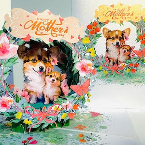 Feliz Dia das Mães - Mãe Cachorra e Filhote de Cachorro Fofo em Guirlanda Floral Cartão de Saudação Pop Up 3D Feito à Mão Compre Online https://origamipopcards.com/