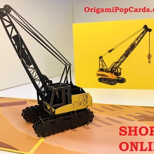 Caminhão guindaste sobre esteiras com lança telescópica, perfeito para trabalhadores da construção civil e crianças, cartão de felicitações pop-up 3D, cartões pop-up de origami https://origamipopcards.com/