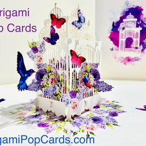 Cartão de felicitações pop-up 3D com borboletas roxas, pássaros e flores da primavera, feliz aniversário, obrigado, casamento, compre online https://origamipopcards.com/