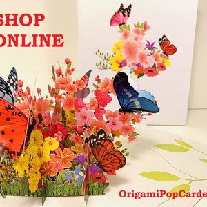 Borboletas descansando em um canteiro de flores da primavera 3D - Cartão pop-up de feliz aniversário, obrigado, compre online https://origamipopcards.com/