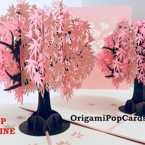 Lindo cartão pop-up 3D de feliz aniversário em formato de árvore de bordo japonesa rosa metálico feito à mão pela Origami Pop Cards https://origamipopcards.com/