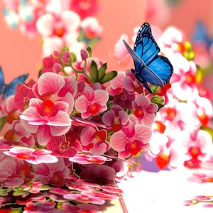 Jardim de orquídeas roxas com borboletas Cartão comemorativo Amor feito à mão Feliz aniversário Cartões de origami Pop Compre online https://origamipopcards.com/