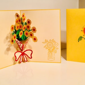 Buquê de girassóis dourados embrulhado em fita vermelha, cartão criado por Origami Pop Cards Sydney Austrália Cartões pop-up de papel 3D OrigamiPopCards.com