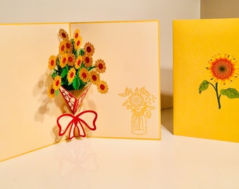 3D Pop-Up Grußkarte Goldene Sonnenblumen - Handgemacht, 15x20 Cm, Mit Umschlag