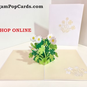 Cartão de felicitações pop-up 3D com margaridas brancas e trevos, feliz aniversário, feito à mão com amor, obrigado, cartões pop de origami https://origamipopcards.com/